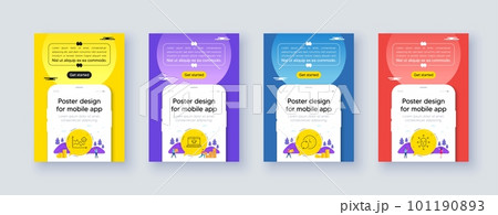 Simple set of Update time, Website education and Seo analysis line icons. Poster offer design with phone interface mockup. Include Face biometrics icons. For web, application. Vector 101190893