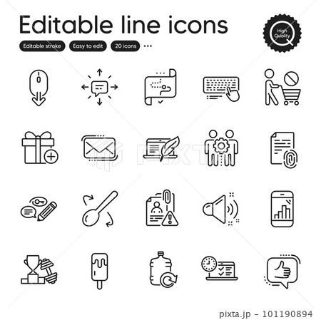 Set of Business outline icons. Contains icons as Cooking spoon, Keywords and Stop shopping elements. Add gift, Dumbbell, Employees teamwork web signs. Online test, Graph phone. Vector 101190894