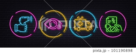 Electronic thermometer, Ambulance car and Myopia minimal line icons. Neon laser 3d lights. Prescription drugs icons. For web, application, printing. Vector Electronic thermometer, Ambulance car and Myopia minimal line icons. Neon laser 3d lights. Prescription drugs icons. For web, application, printing. Vector 101190898