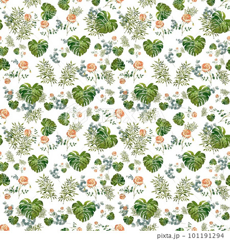 Rose flower palm leaf ornate pattern watercolor 101191294