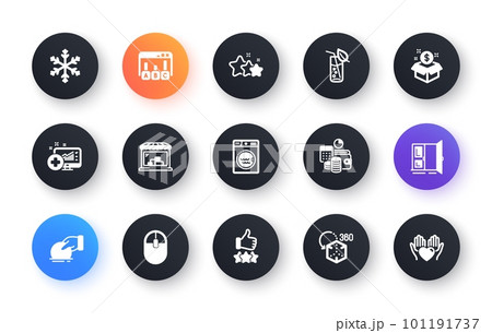 Minimal set of Rating stars, Post package and Survey results flat icons for web development. Laundry, Snowflake, Medical analytics icons. Budget accounting, Donate. Circle buttons with icon. Vector 101191737