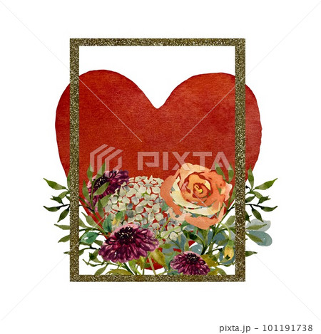 Rose flower dahlia branch heart frame watercolor Rose flower dahlia branch heart frame watercolor 101191738