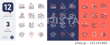 Set of Baggage reclaim, Delivery truck and Truck delivery line icons. Include Roller coaster, Lighthouse, Wholesale goods icons. Cancel flight, World travel, Gps web elements. Dog leash. Vector 101191860
