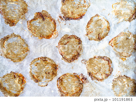 Close-up macro shot of cooking paper with greasy prints left by fried meatballs, creating appetizing and savory texture that represents frizzling cooking concept. Brown circles adds rustic and Close-up macro shot of cooking paper with greasy prints left by fried meatballs, creating appetizing and savory texture that represents frizzling cooking concept. Brown circles adds rustic and 101191863