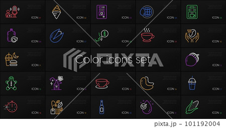 Set of Espresso, Water drop and Mint bag line icons. Include Cooking timer, World water, Coffee cocktail icons. Night eat, Coffee maker, Corn web elements. Acorn, Cashew nut, Alcohol addiction. Vector Set of Espresso, Water drop and Mint bag line icons. Include Cooking timer, World water, Coffee cocktail icons. Night eat, Coffee maker, Corn web elements. Acorn, Cashew nut, Alcohol addiction. Vector 101192004