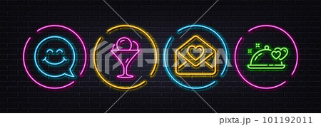 Love letter, Ice cream and Smile face minimal line icons. Neon laser 3d lights. Romantic dinner icons. For web, application, printing. Heart, Sundae in glass, Chat. Restaurant food. Vector 101192011