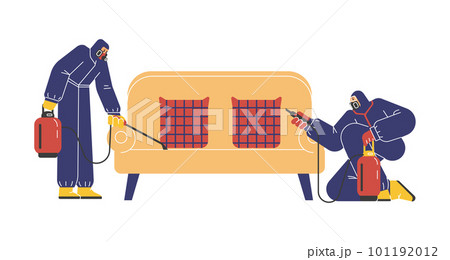 Pest control service workers disinfection sofa from insects, flat vector illustration isolated on white background. 101192012