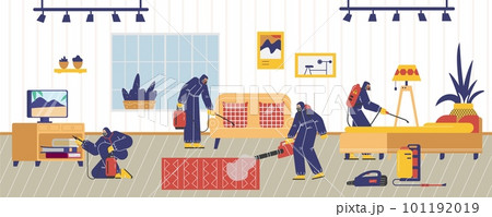 Pest control disinfectors treat room with chemicals, flat vector illustration. Pest control disinfectors treat room with chemicals, flat vector illustration. 101192019