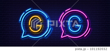 Initial letter G icon. Neon light line effect. Line typography character sign. Large first font letter. Glowing neon light speech bubble. Letter G glow 3d line. Brick wall banner. Vector 101192032