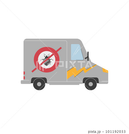 Pest control service truck with no bug logo, flat vector illustration isolated on white background. 101192033