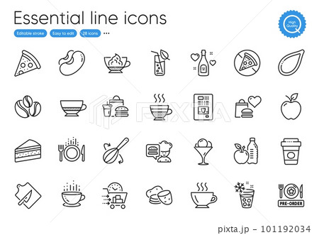 Prohibit food, Potato and Ice cream line icons. Collection of Cutting board, Pizza, Food delivery icons. Coffee-berry beans, Chef, Love champagne web elements. Espresso cream, Coffee cup. Vector 101192034