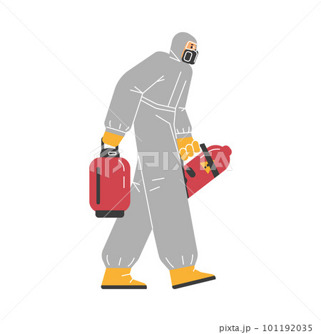 Pest control specialist in gray protective suit carries two red balloons flat style Pest control specialist in gray protective suit carries two red balloons flat style 101192035