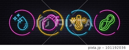Water drop, Acorn and Thermometer minimal line icons. Neon laser 3d lights. Peanut icons. For web, application, printing. Crystal aqua, Oaknut, Thermostat. Vegetarian nut. Neon lights buttons. Vector Water drop, Acorn and Thermometer minimal line icons. Neon laser 3d lights. Peanut icons. For web, application, printing. Crystal aqua, Oaknut, Thermostat. Vegetarian nut. Neon lights buttons. Vector 101192036