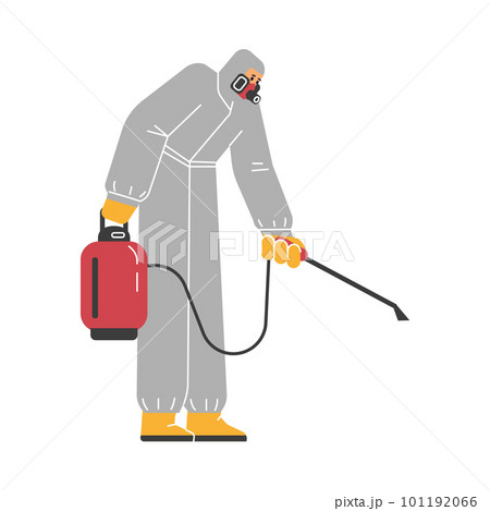 Pest control service worker with chemical spray canister, flat vector isolated. 101192066