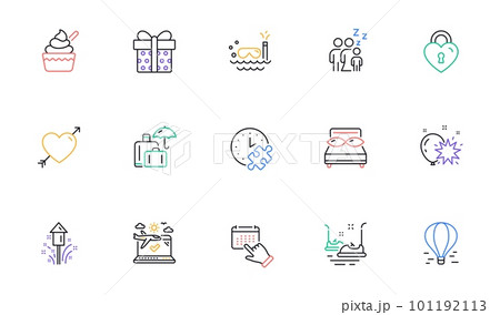 Bumper cars, Balloon dart and Pillows line icons for website, printing. Collection of Scuba diving, Puzzle time, Event click icons. Luggage insurance, Airplane travel, Air balloon web elements. Vector 101192113