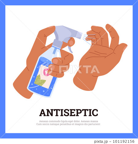 Hands disinfection with antiseptic liquid spray banner or card, flat vector. 101192156