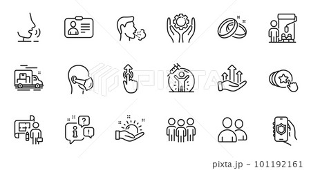 Outline set of Plan, Medical mask and Sunny weather line icons for web application. Talk, information, delivery truck outline icon. Include Swipe up, Hold heart, Painter icons. Vector 101192161