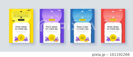 Simple set of Lighthouse, Buildings and Sports arena line icons. Poster offer design with phone interface mockup. Include Sports stadium icons. For web, application. Vector 101192266