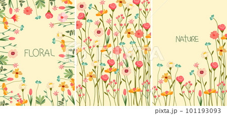 An eye-catching floral backdrop with a of blossoming multicolored wildflowers and the inscription nature and floral. Concept save nature. Suitable for social posters, cards, logos, banner. Vector. An eye-catching floral backdrop with a of blossoming multicolored wildflowers and the inscription nature and floral. Concept save nature. Suitable for social posters, cards, logos, banner. Vector. 101193093