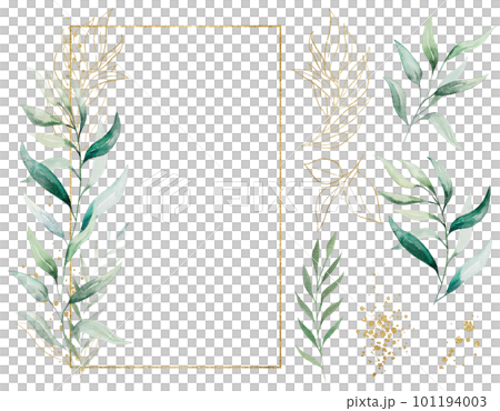 Rectangular golden frame made of green watercolor leaves, wedding illustration, single elements 101194003