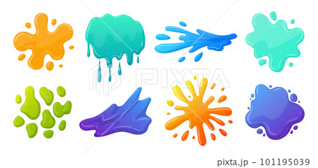 Cartoon slime splatters. Sticky goo liquid slime, colorful mucus splashes. Jelly dripping spots flat vector illustration collection Cartoon slime splatters. Sticky goo liquid slime, colorful mucus splashes. Jelly dripping spots flat vector illustration collection 101195039