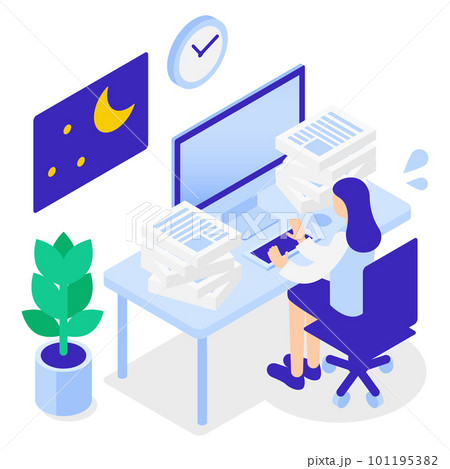 残業・業務が多い事務スタッフのアイソメトリックイラスト 101195382