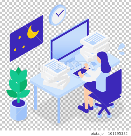残業・業務が多い事務スタッフのアイソメトリックイラスト 101195382