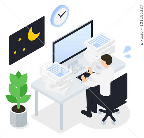 残業・業務が多い男性のアイソメトリックイラスト 残業・業務が多い男性のアイソメトリックイラスト 101195387