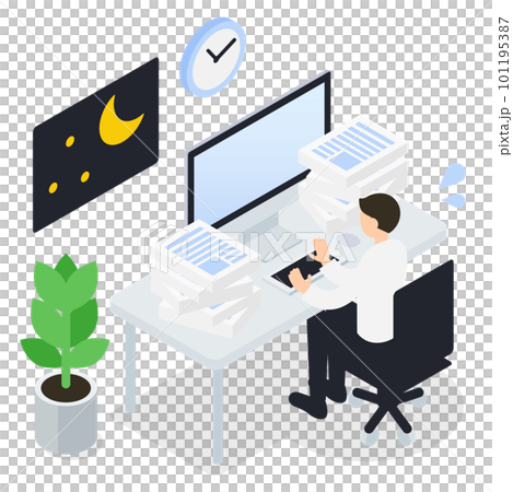 残業・業務が多い男性のアイソメトリックイラスト 残業・業務が多い男性のアイソメトリックイラスト 101195387