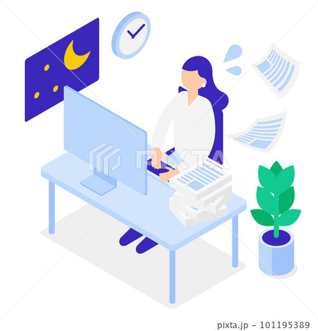 残業・業務が多い事務スタッフのアイソメトリックイラスト 101195389
