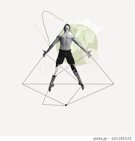 Muscular young man, professional ballet dancer over light background with abstract line elements. Contemporary art collage. 101195525