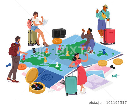 Group Of People Gather Around Huge World Map, Pointing Out Locations And Discussing Travel Plans Vector Illustration 101195557