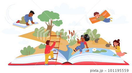 Children Reading Together On Top Of A Giant Book That Transports Them Into An Imaginative World 101195559