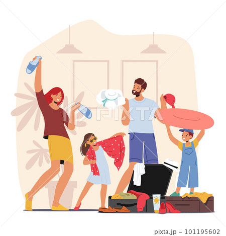 Young Family With Kids Packing Suitcase Organizing Their Belongings And Getting Ready For a Trip Vector Illustration Young Family With Kids Packing Suitcase Organizing Their Belongings And Getting Ready For a Trip Vector Illustration 101195602