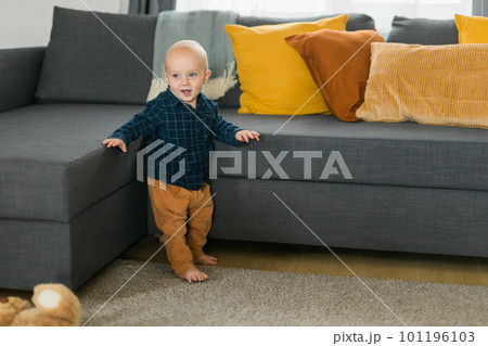 Toddler boy laughing having fun standing near sofa in living room at home copy space. Adorable baby making first steps alone. Happy childhood and child care concept Toddler boy laughing having fun standing near sofa in living room at home copy space. Adorable baby making first steps alone. Happy childhood and child care concept 101196103