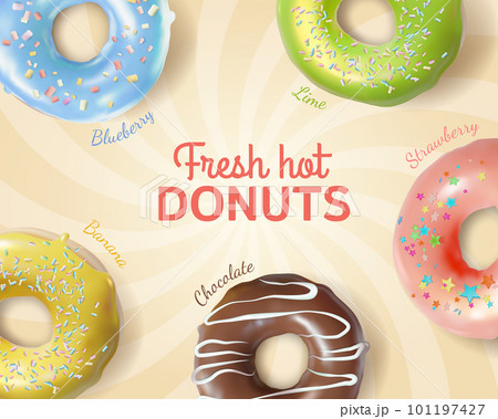 Realistic Detailed 3d Fresh Hot Donuts Ads Banner Concept Poster Card. Vector illustration of Donut with Lime, Banana, Chocolate, Blueberry and Strawberry Taste Realistic Detailed 3d Fresh Hot Donuts Ads Banner Concept Poster Card. Vector illustration of Donut with Lime, Banana, Chocolate, Blueberry and Strawberry Taste 101197427