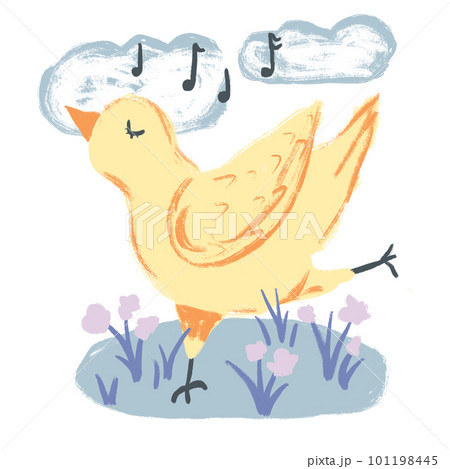 Hand drawn cute illustration of yellow chicken dancing singing music with clouds flowers. Funny design for kids children nursery, domestic animal bird poultry hen, Easter concept spring print. 101198445