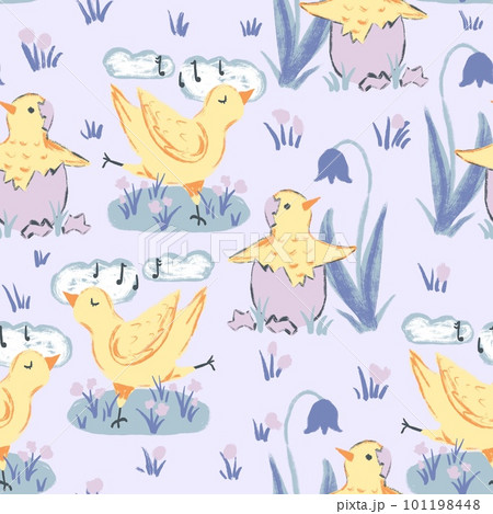 Hand drawn cute seamless pattern yellow chicken dancing singing music with clouds flowers. Funny design for kids children nursery, domestic animal bird poultry hen, Easter eggs concept spring print. 101198448