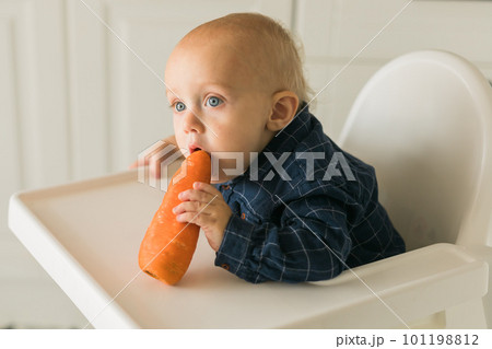 Little boy in a blue t-shirt sitting in a child's chair eating carrot copy space and empty space for text - baby care and infant child feeding concept 101198812
