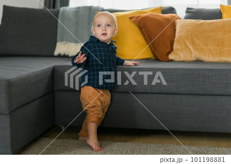 Toddler boy laughing having fun standing near sofa in living room at home copy space. Adorable baby making first steps alone. Happy childhood and child care concept Toddler boy laughing having fun standing near sofa in living room at home copy space. Adorable baby making first steps alone. Happy childhood and child care concept 101198881