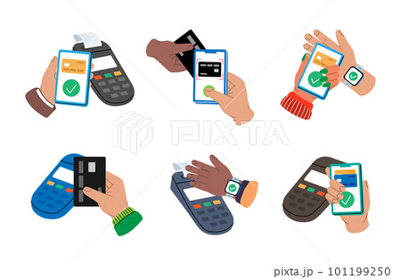 POS terminal for contactless pay with smartphone or credit card. Smartphone with online transaction. Mobile app for e-payment. Wireless NFC payments. 101199250