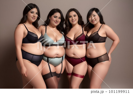 Group of young overweight women of different races poses in underwear in brown background. Caucasian and asian ethnic girls in lingeries. Generative Ai. Concept of body positivity, beauty and 101199911