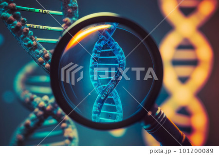 Viewing the magnified image of Human DNA helix in body liquid. Depiction of the double helix DNA structure in body fluid. Generative AI 101200089