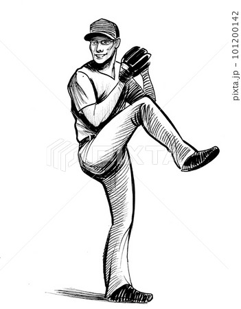 Baseball player. Ink black and white drawing 101200142