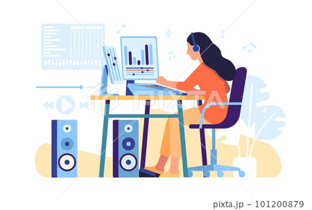 Sound designers and audio engineers mix and music on professional equipment. Soundtracks record. Musical creating and editing. Woman at computer. Soundwave equalizer. Vector concept Sound designers and audio engineers mix and music on professional equipment. Soundtracks record. Musical creating and editing. Woman at computer. Soundwave equalizer. Vector concept 101200879