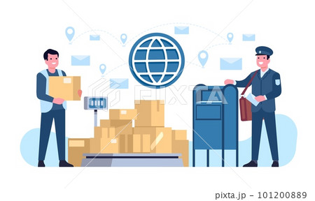 Postal service handles sending of letters or parcel boxes all over world. Post office. Mail shipment. Postman putting envelope into mailbox. . Correspondence delivery. Vector concept 101200889