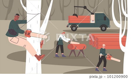 Lumberjacks chop down trees. Cartoon woodworkers. Deforestation process. Woodworking industry. Carpentry workers with saws. Loading logs into truck. Woodcutters work. Vector concept 101200900