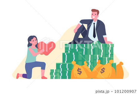 Girl gives her heart to rich man. Declaration of love. Banknotes stacks and money bags. Successful businessman. Woman and millionaire relationship. Financial profit. Vector concept Girl gives her heart to rich man. Declaration of love. Banknotes stacks and money bags. Successful businessman. Woman and millionaire relationship. Financial profit. Vector concept 101200907