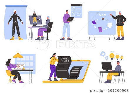Gaming development. Specialists team creating computer games. Software programming. Interface design. Script writing and testing. Digital play characters. Developers job vector set 101200908