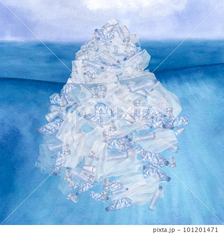 Iceberg made of plastic in the ocean. Environmental marine pollution. Ecological problem. Hand-drawn watercolor illustration. Underwater background Iceberg made of plastic in the ocean. Environmental marine pollution. Ecological problem. Hand-drawn watercolor illustration. Underwater background 101201471